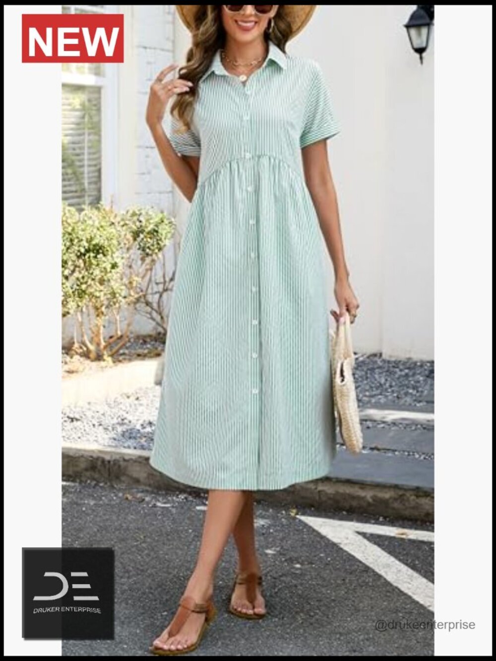 Striped Midi Shirt Dress Short Sleeve Button Down Side Slit Casual Beach - Picture 5 of 7